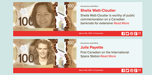 Варианты банкнот, созданные пользователями. Изображение: womenonbanknotes.ca